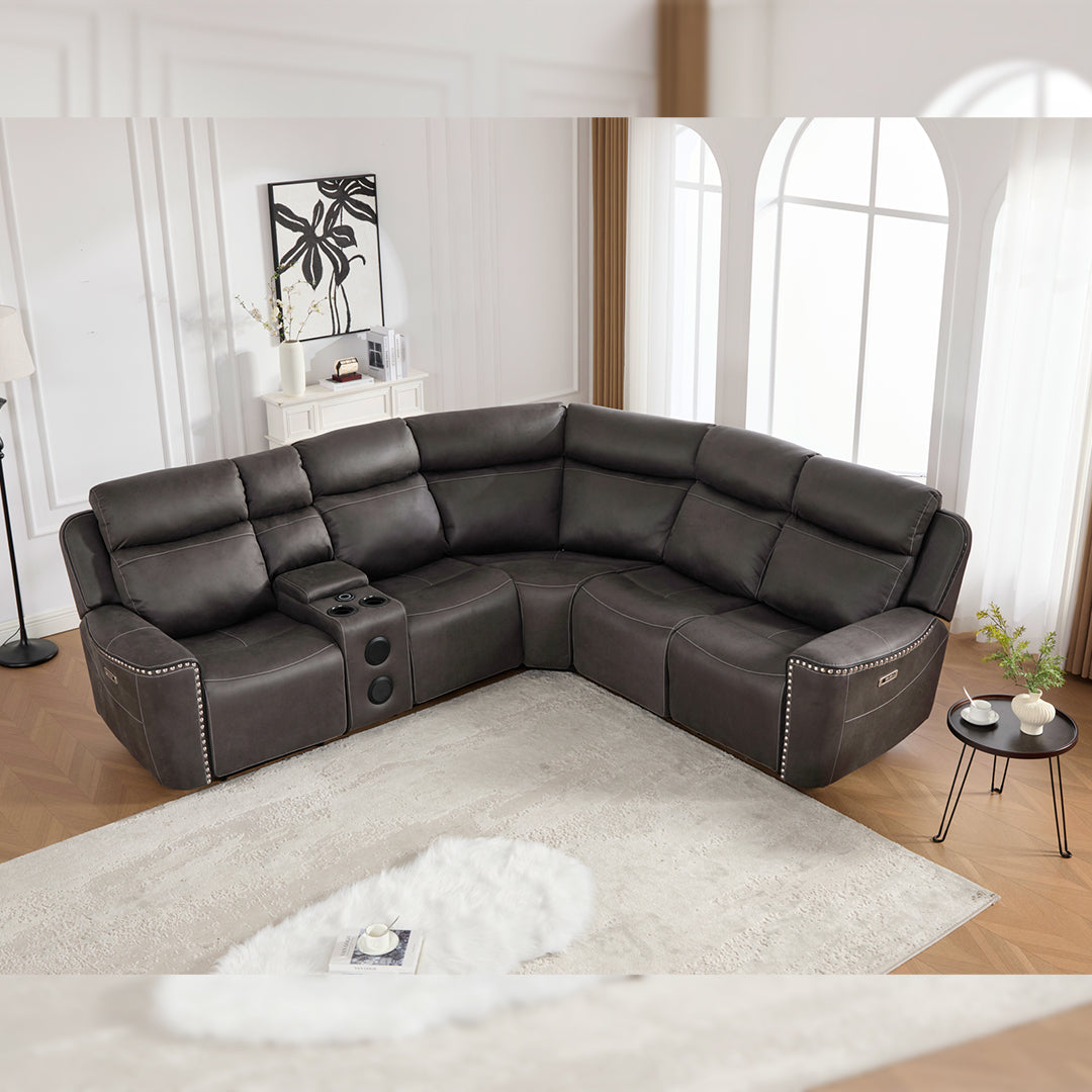 Hugo Fabric Electric Recliner Corner Sofa With Cup Holders - Modular (Left and Right Hand) Preimum Range Quality Corner Sofa With Cooling-Cup Holders/Bluetooth Speakers/Wireless Charging Pad/USB Charging