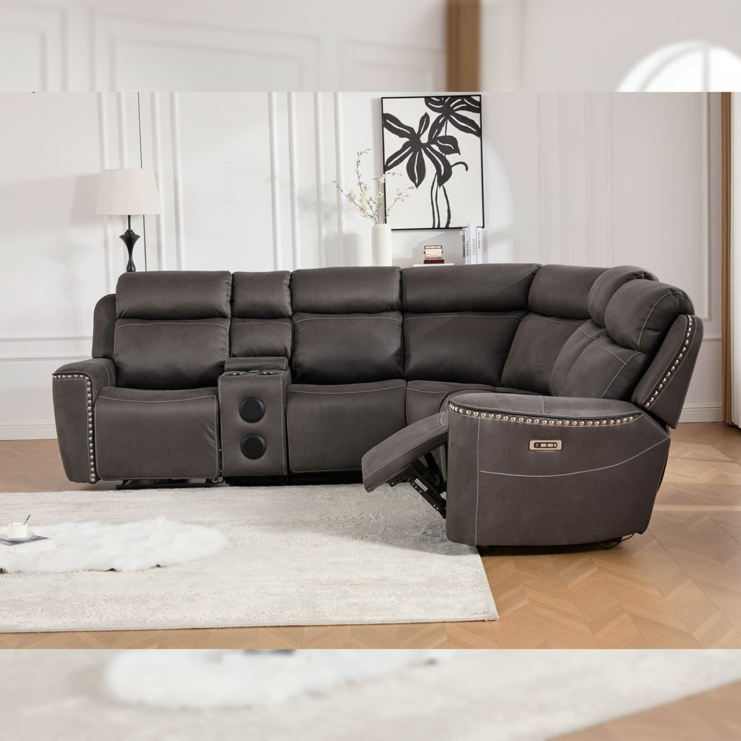Hugo Fabric Electric Recliner Corner Sofa With Cup Holders - Modular (Left and Right Hand) Preimum Range Quality Corner Sofa With Cooling-Cup Holders/Bluetooth Speakers/Wireless Charging Pad/USB Charging