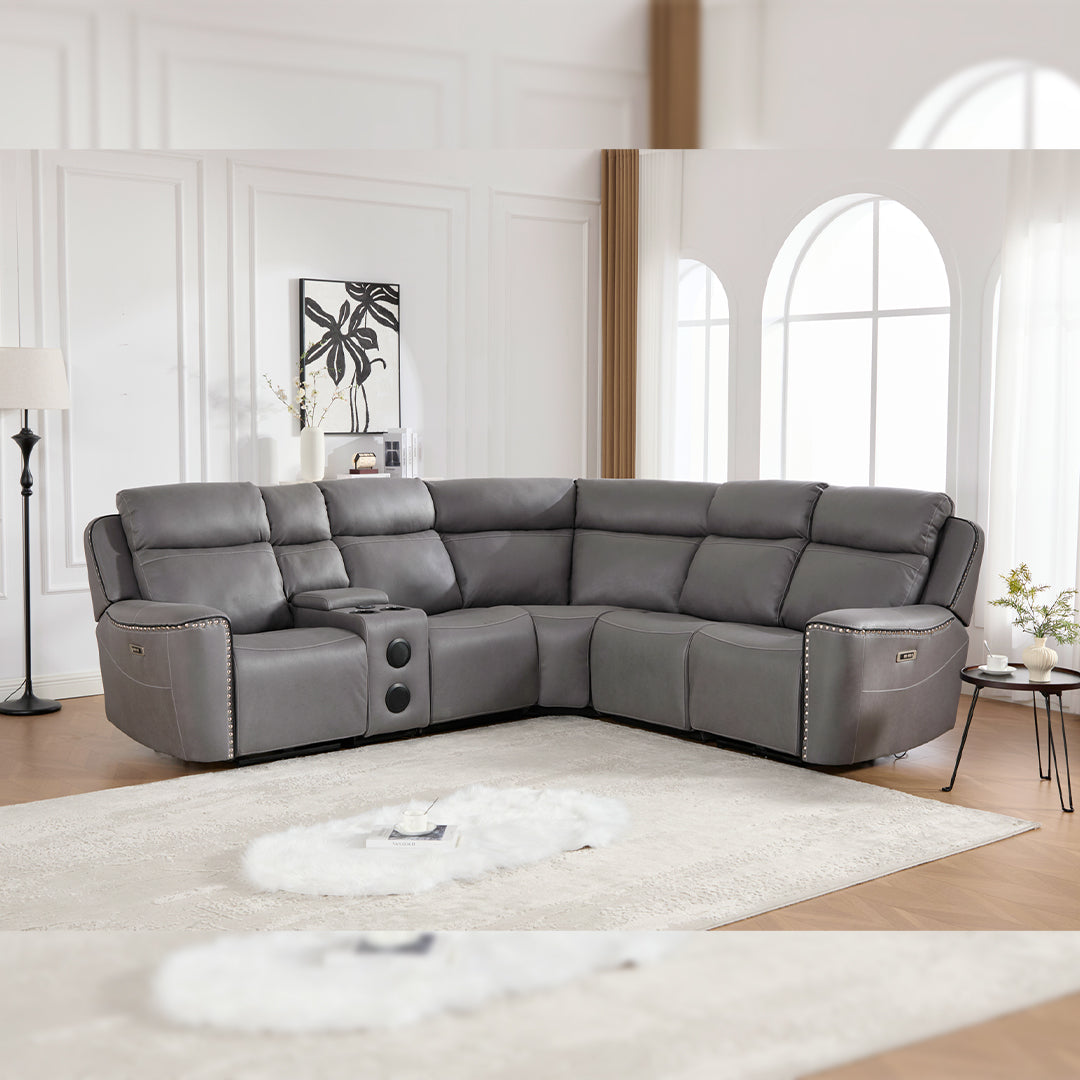 Hugo Fabric Electric Recliner Corner Sofa With Cup Holders - Modular (Left and Right Hand) Preimum Range Quality Corner Sofa With Cooling-Cup Holders/Bluetooth Speakers/Wireless Charging Pad/USB Charging