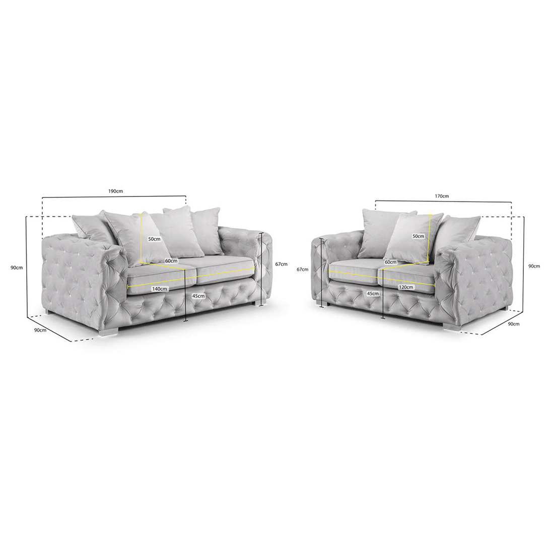 Ashton Silver Plush Fabric Chesterfield 3+2 Sofa Set