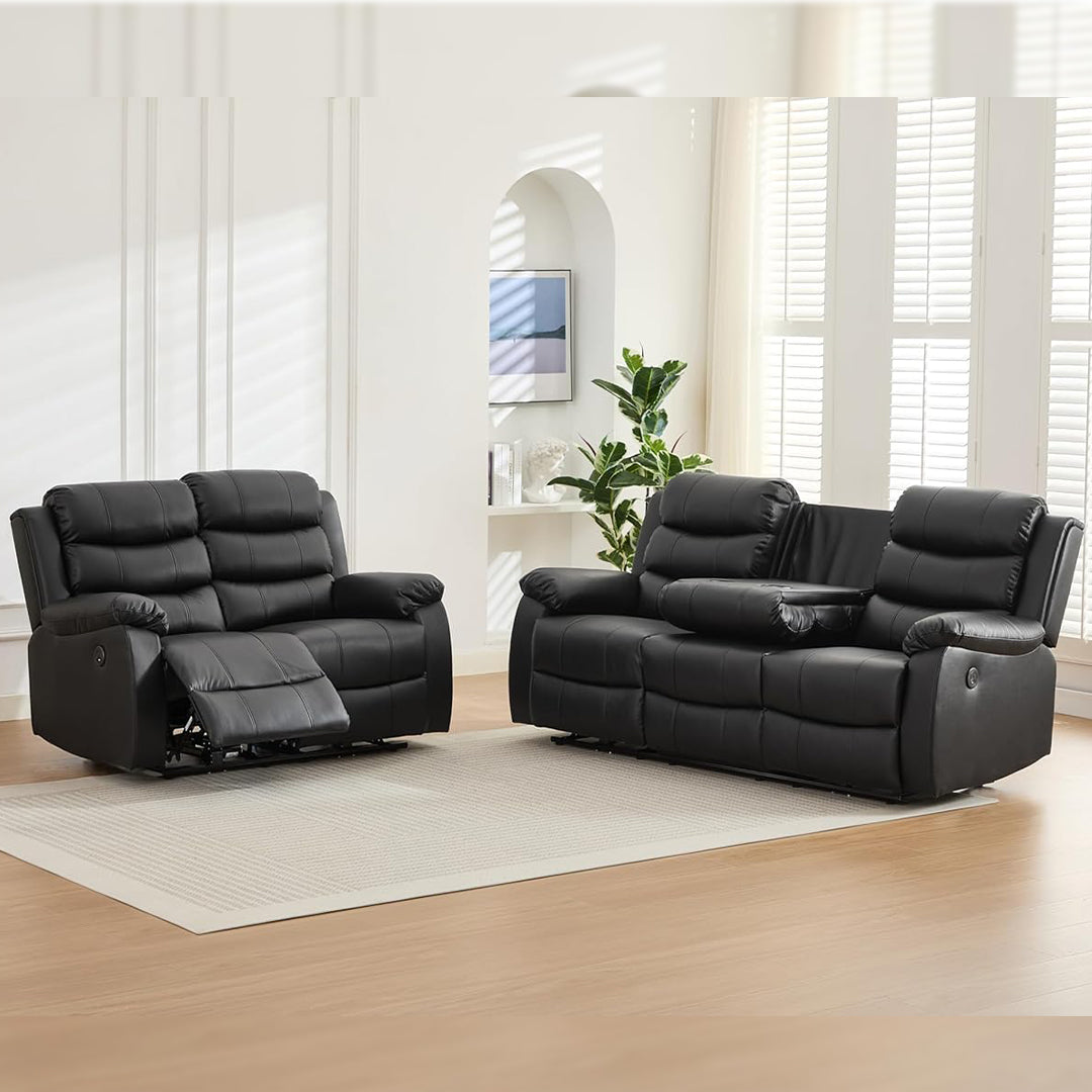 Venice Leather Electric Recliner Sofa With Cup Holders 3+2 Seater(Black/Grey) - USB Charging Ports - 3 and 2 Seater Leather Sofa