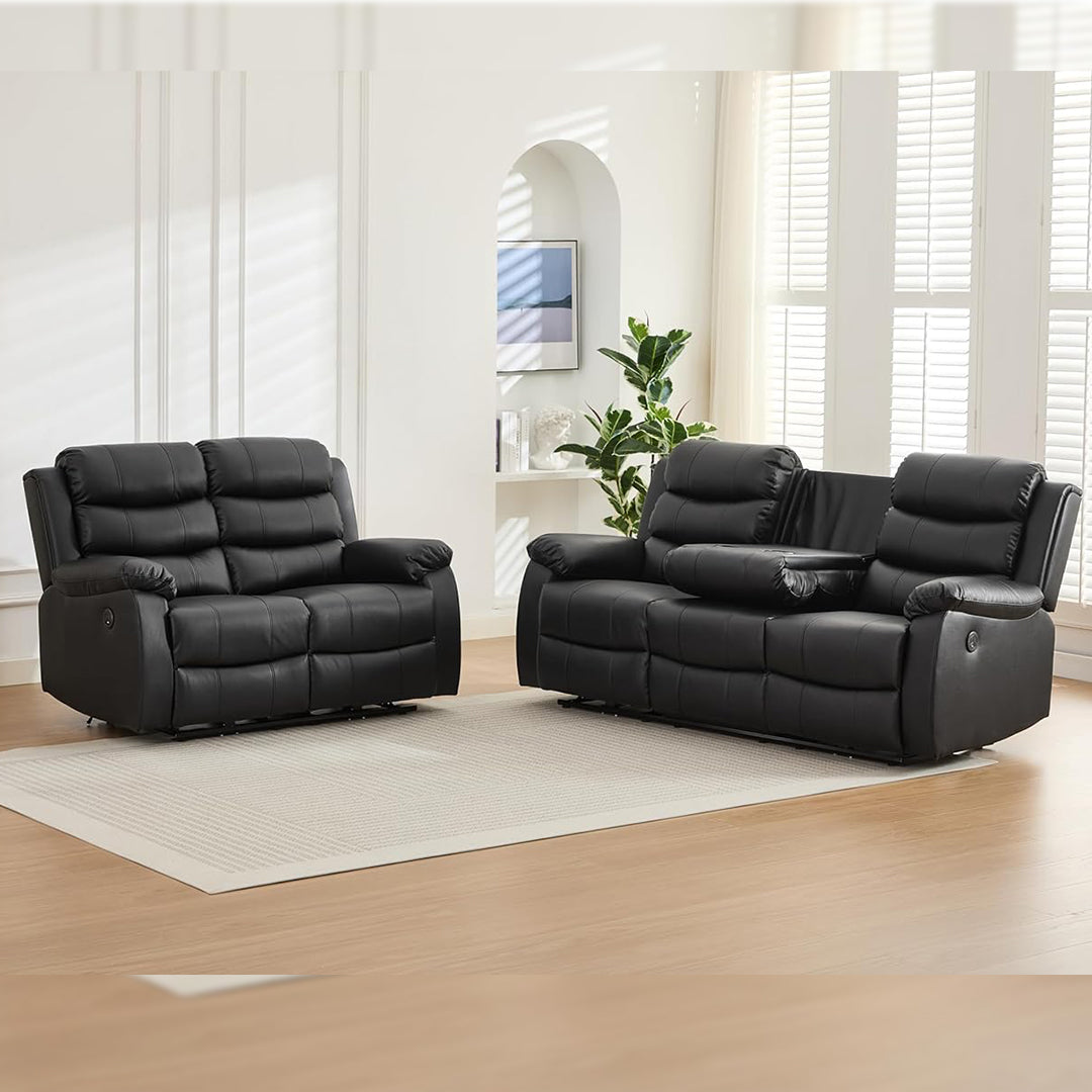 Venice Leather Electric Recliner Sofa With Cup Holders 3+2 Seater(Black/Grey) - USB Charging Ports - 3 and 2 Seater Leather Sofa