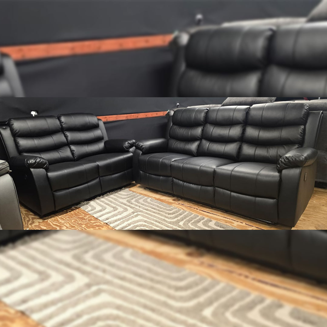 Venice Leather Electric Recliner Sofa With Cup Holders 3+2 Seater(Black/Grey) - USB Charging Ports - 3 and 2 Seater Leather Sofa