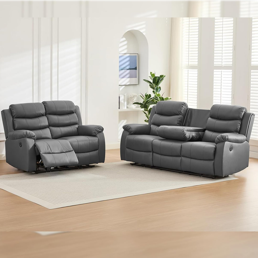 Venice Leather Electric Recliner Sofa With Cup Holders 3+2 Seater(Black/Grey) - USB Charging Ports - 3 and 2 Seater Leather Sofa