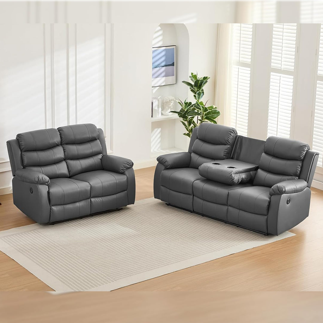 Venice Leather Electric Recliner Sofa With Cup Holders 3+2 Seater(Black/Grey) - USB Charging Ports - 3 and 2 Seater Leather Sofa