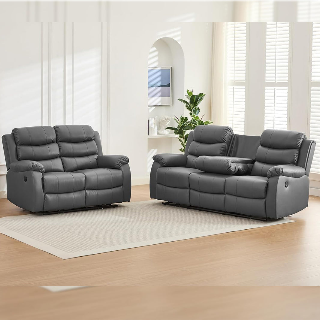 Venice Leather Electric Recliner Sofa With Cup Holders 3+2 Seater(Black/Grey) - USB Charging Ports - 3 and 2 Seater Leather Sofa