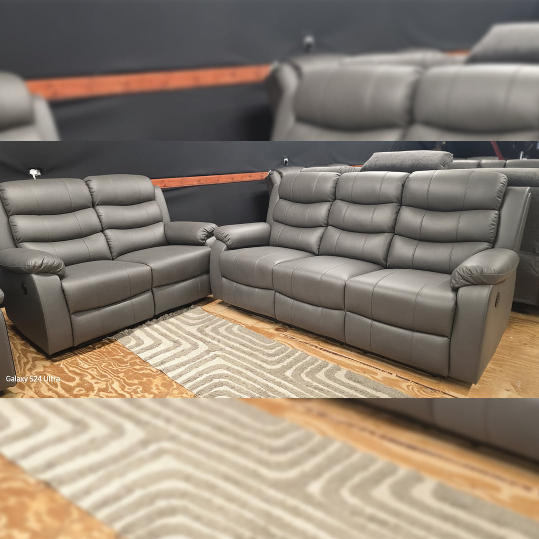 Venice Leather Electric Recliner Sofa With Cup Holders 3+2 Seater(Black/Grey) - USB Charging Ports - 3 and 2 Seater Leather Sofa