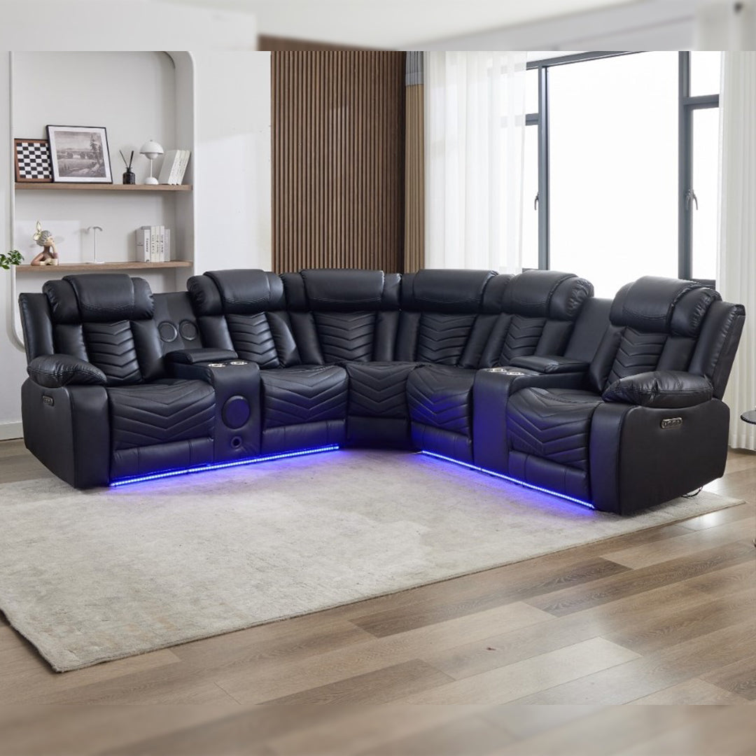 Zeus Leather Electric Recliners Corner Sofa With Cupholders (Black/Grey/Brown)- Bluetooth Speakers/LED Lights/USB Charging Ports/Storage