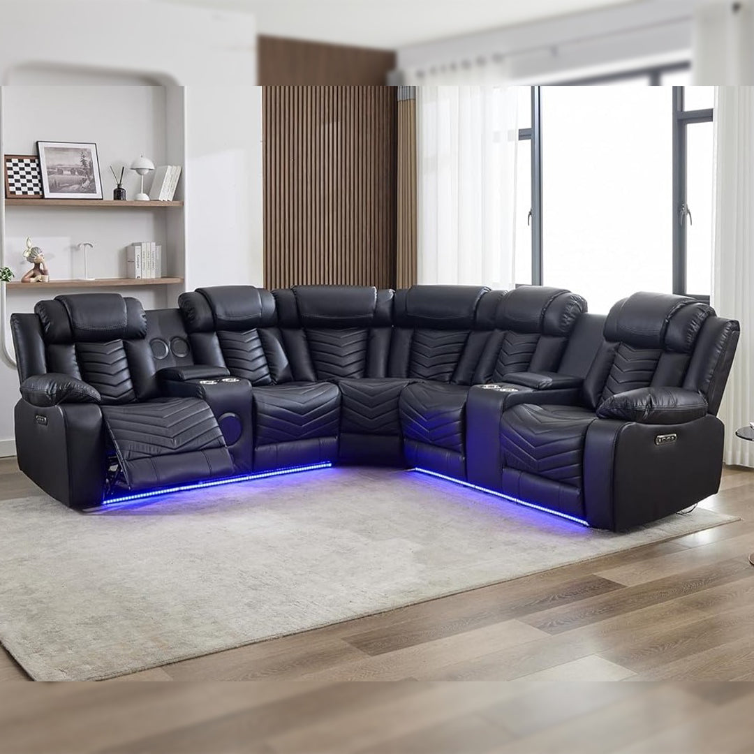 Zeus Leather Electric Recliners Corner Sofa With Cupholders (Black/Grey/Brown)- Bluetooth Speakers/LED Lights/USB Charging Ports/Storage