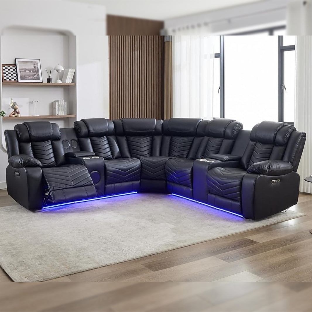Zeus Leather Electric Recliners Corner Sofa With Cupholders (Black/Grey/Brown)- Bluetooth Speakers/LED Lights/USB Charging Ports/Storage