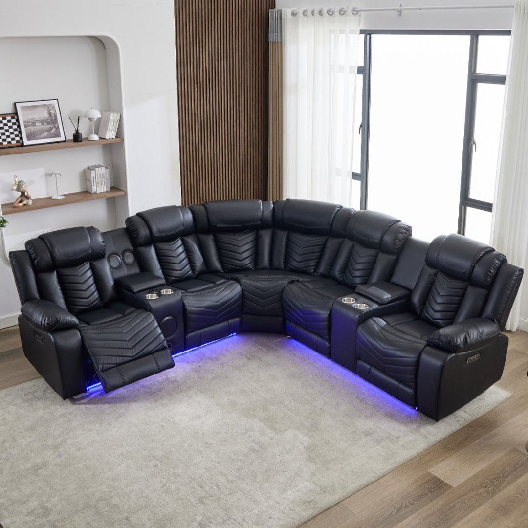 Zeus Leather Electric Recliners Corner Sofa With Cupholders (Black/Grey/Brown)- Bluetooth Speakers/LED Lights/USB Charging Ports/Storage