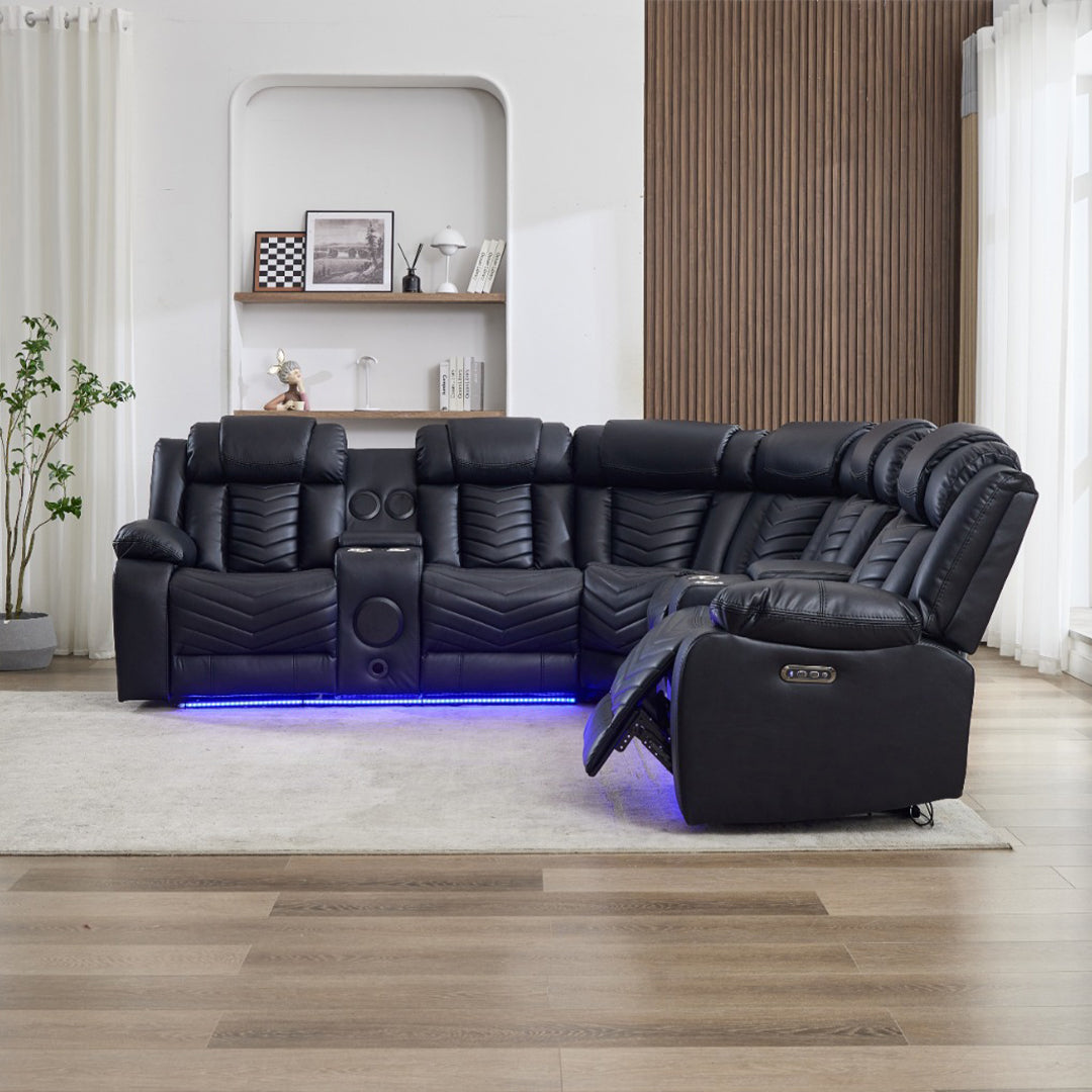 Zeus Leather Electric Recliners Corner Sofa With Cupholders (Black/Grey/Brown)- Bluetooth Speakers/LED Lights/USB Charging Ports/Storage