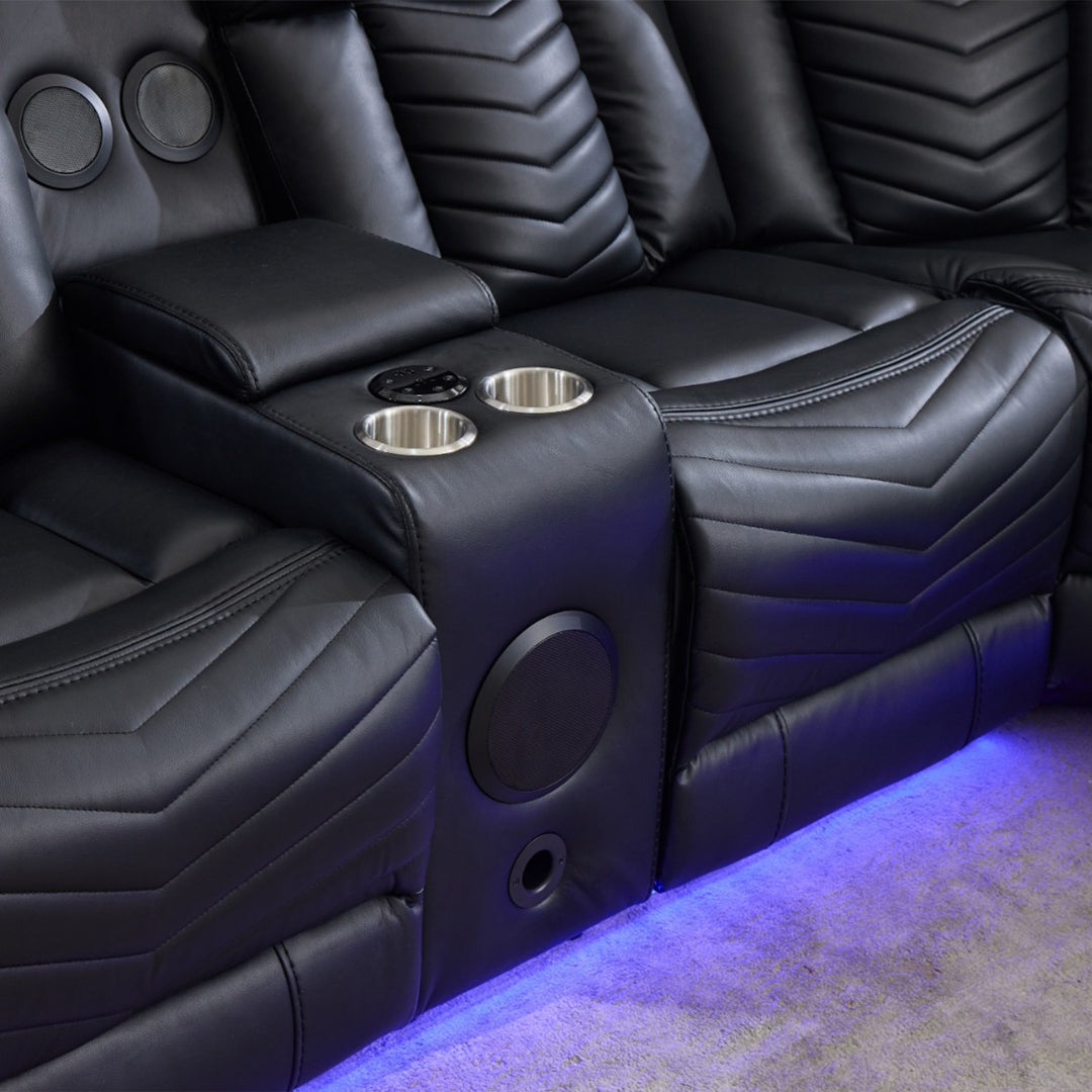 Zeus Leather Electric Recliners Corner Sofa With Cupholders (Black/Grey/Brown)- Bluetooth Speakers/LED Lights/USB Charging Ports/Storage
