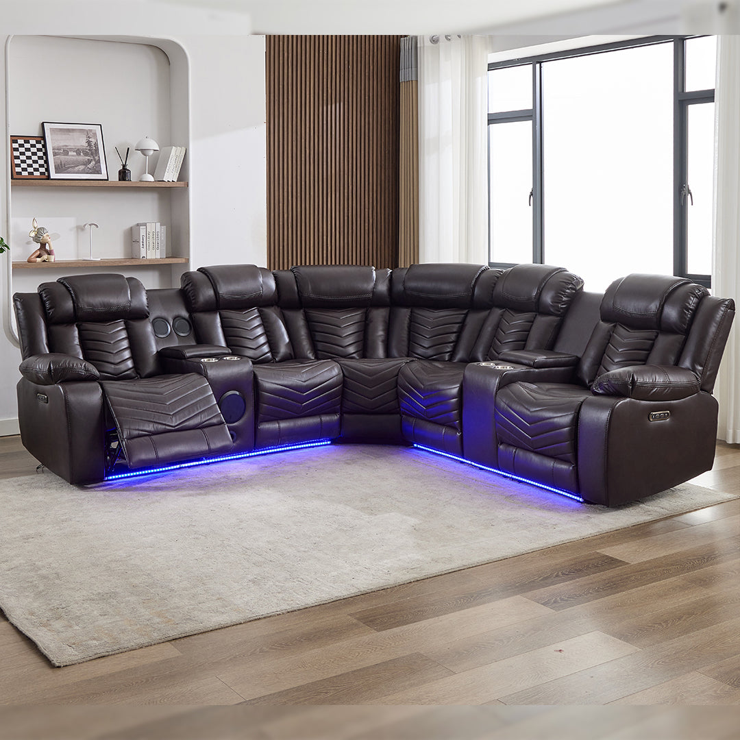 Zeus Leather Electric Recliners Corner Sofa With Cupholders (Black/Grey/Brown)- Bluetooth Speakers/LED Lights/USB Charging Ports/Storage