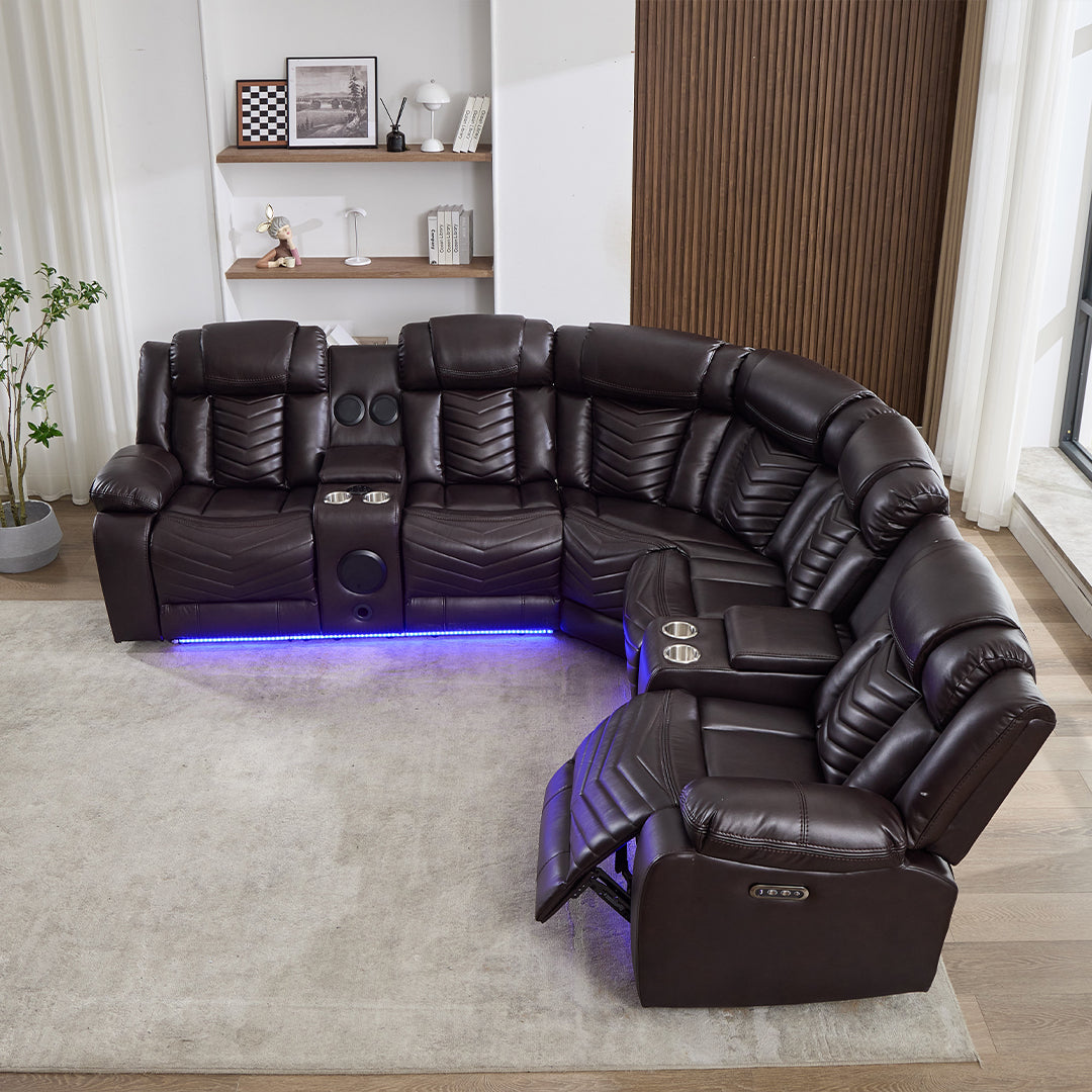 Zeus Leather Electric Recliners Corner Sofa With Cupholders (Black/Grey/Brown)- Bluetooth Speakers/LED Lights/USB Charging Ports/Storage