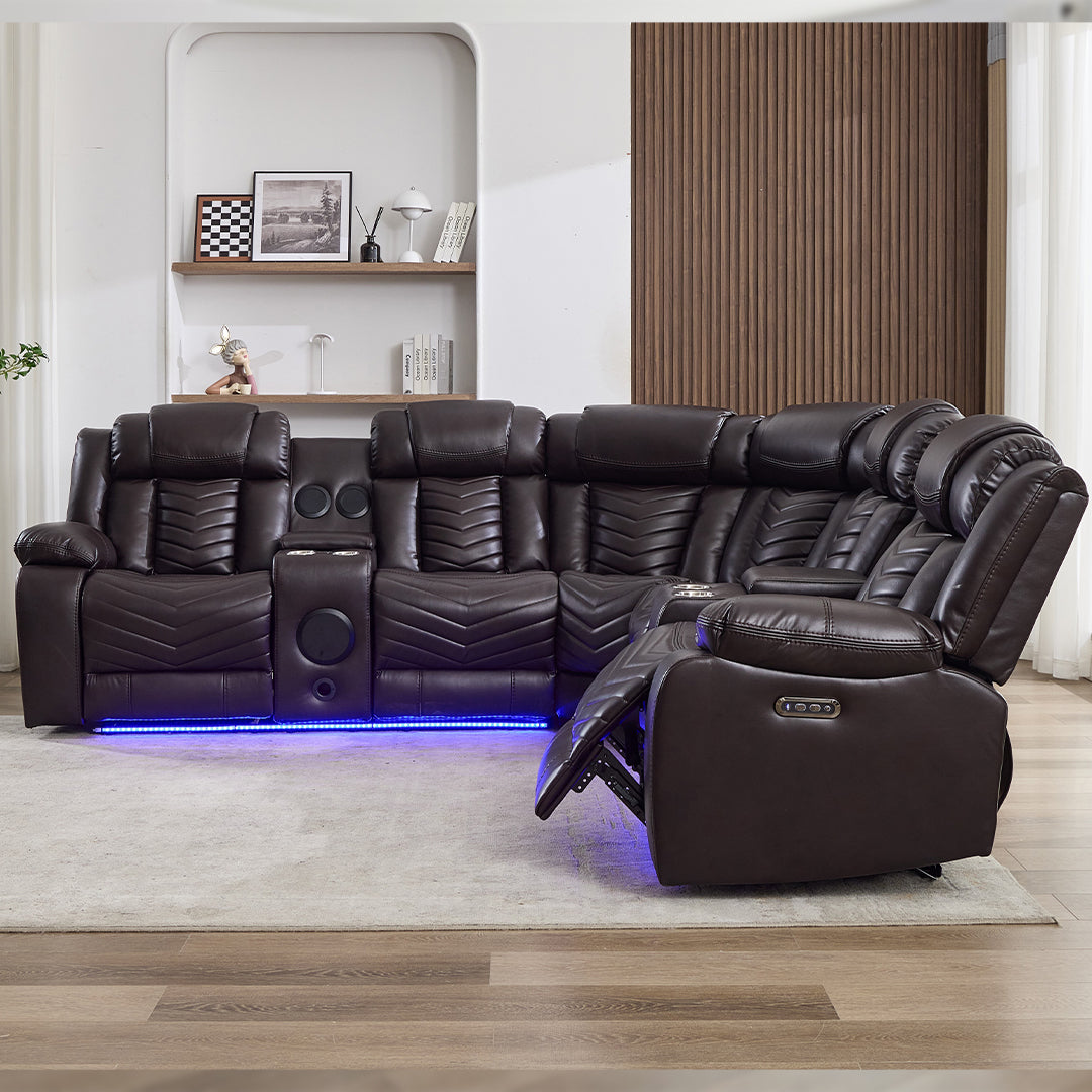 Zeus Leather Electric Recliners Corner Sofa With Cupholders (Black/Grey/Brown)- Bluetooth Speakers/LED Lights/USB Charging Ports/Storage