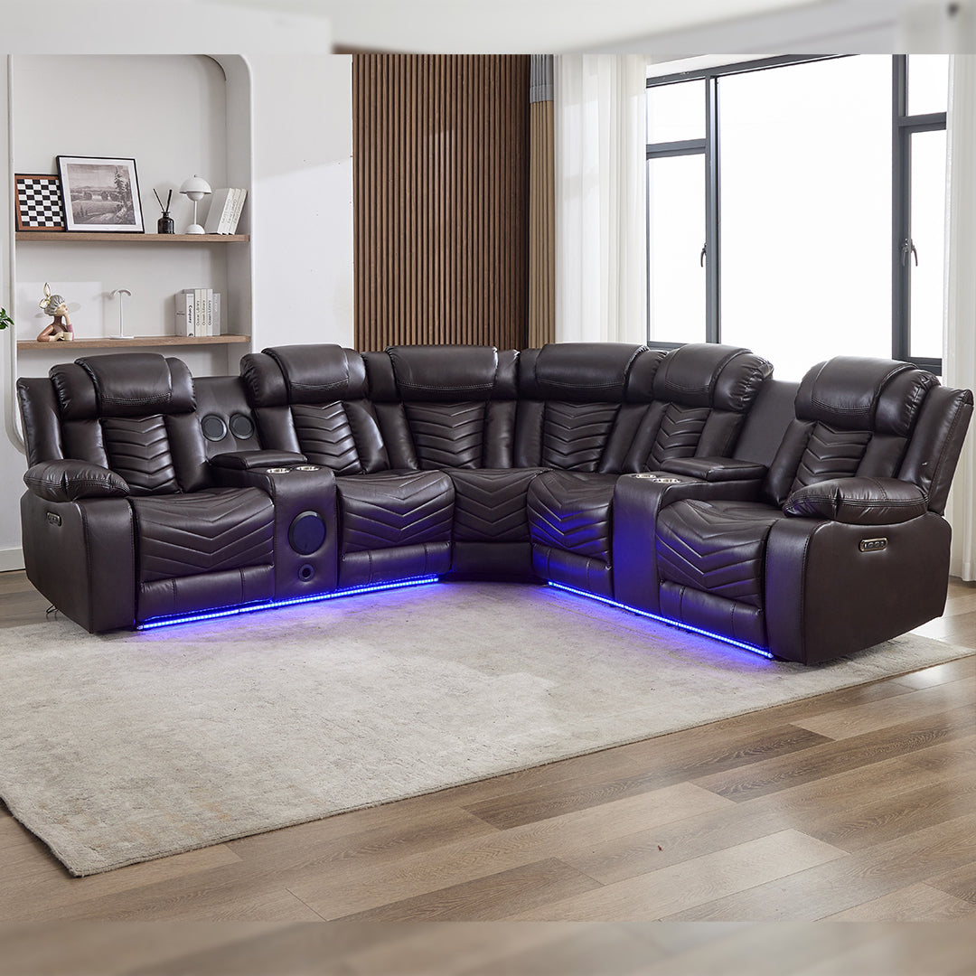 Zeus Leather Electric Recliners Corner Sofa With Cupholders (Black/Grey/Brown)- Bluetooth Speakers/LED Lights/USB Charging Ports/Storage