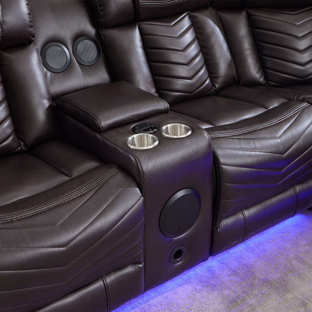 Zeus Leather Electric Recliners Corner Sofa With Cupholders (Black/Grey/Brown)- Bluetooth Speakers/LED Lights/USB Charging Ports/Storage