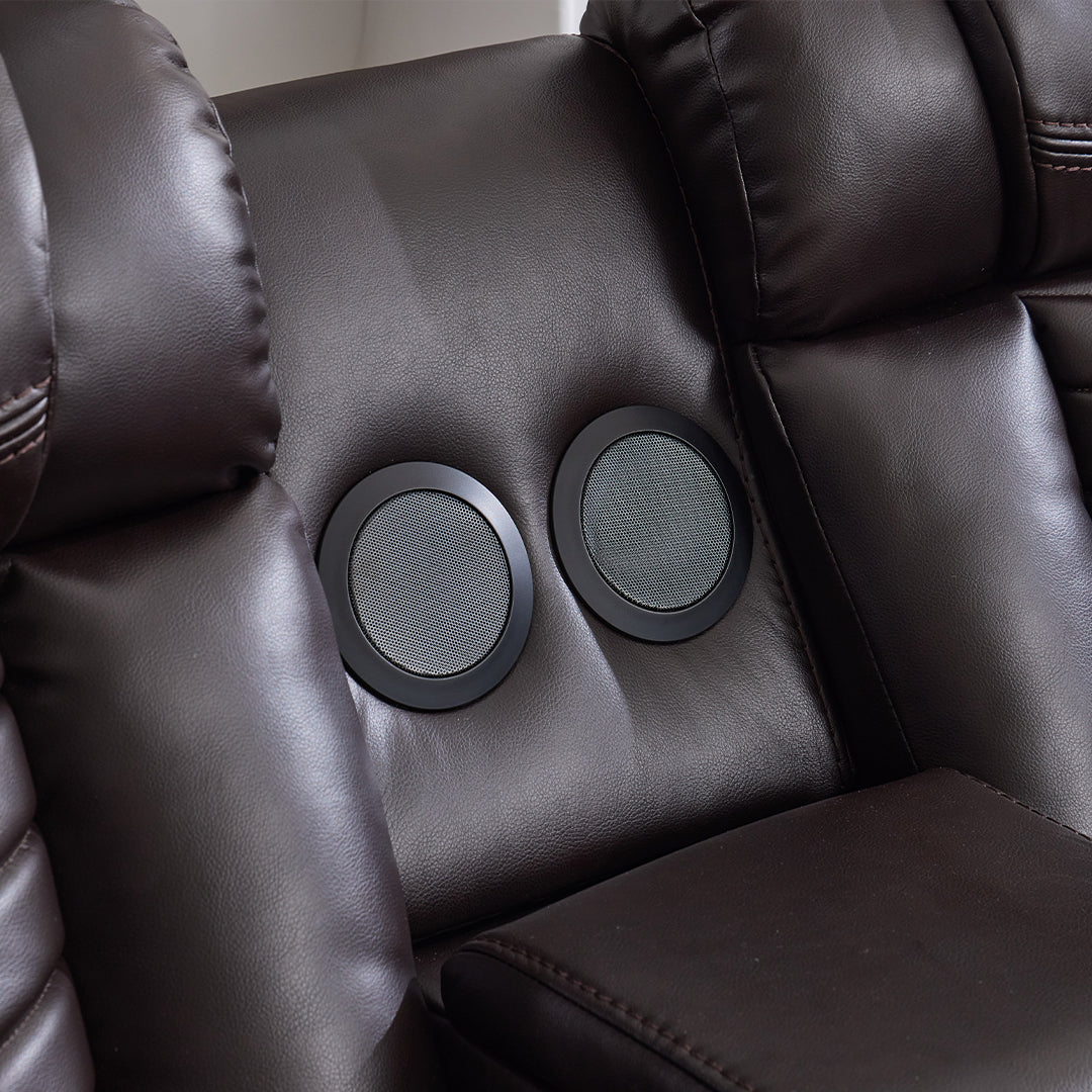 Zeus Leather Electric Recliners Corner Sofa With Cupholders (Black/Grey/Brown)- Bluetooth Speakers/LED Lights/USB Charging Ports/Storage