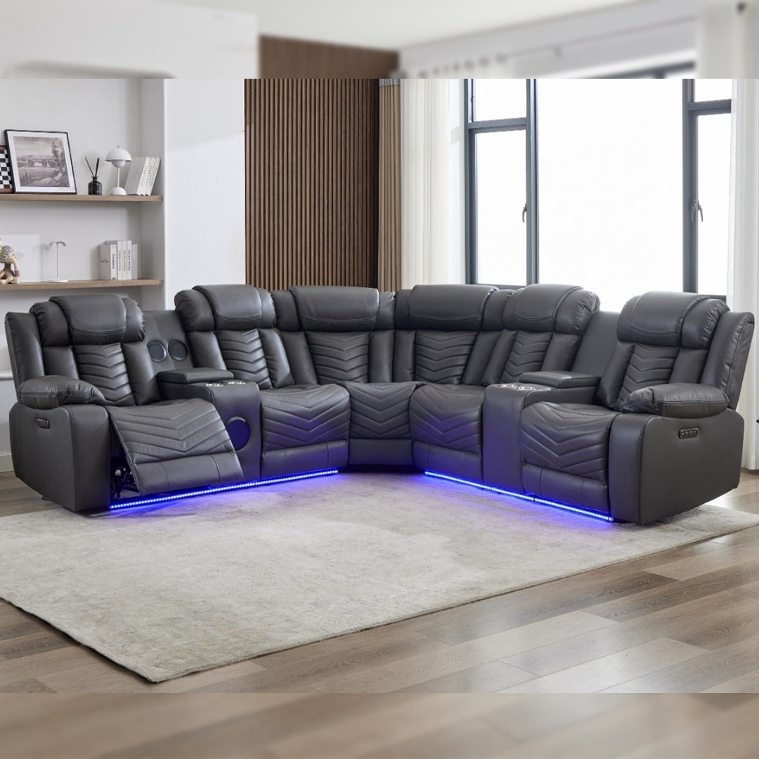 Zeus Leather Electric Recliners Corner Sofa With Cupholders (Black/Grey/Brown)- Bluetooth Speakers/LED Lights/USB Charging Ports/Storage