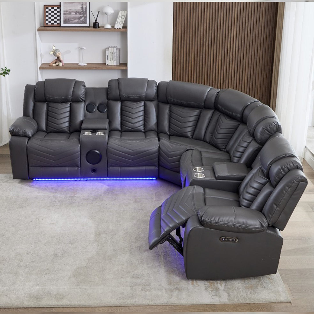 Zeus Leather Electric Recliners Corner Sofa With Cupholders (Black/Grey/Brown)- Bluetooth Speakers/LED Lights/USB Charging Ports/Storage