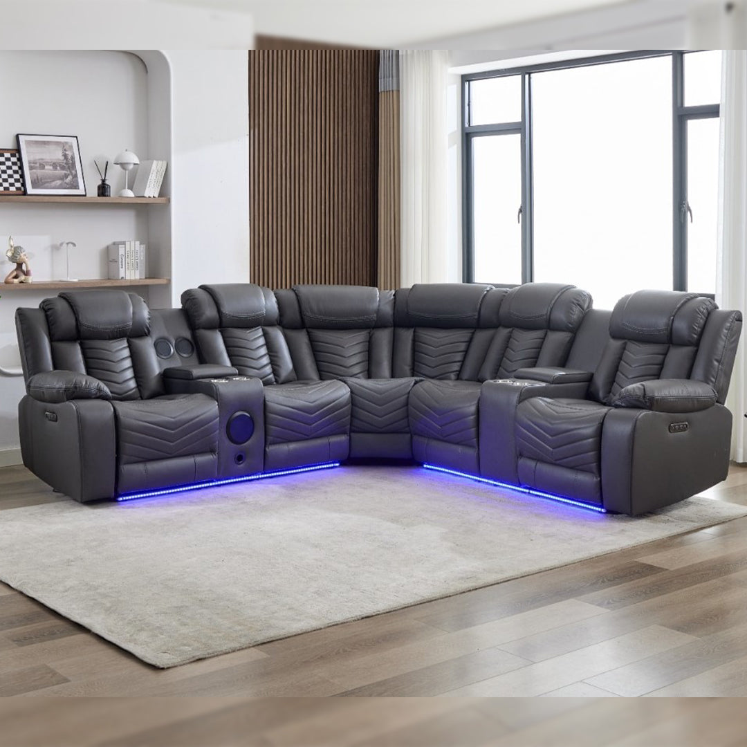 Zeus Leather Electric Recliners Corner Sofa With Cupholders (Black/Grey/Brown)- Bluetooth Speakers/LED Lights/USB Charging Ports/Storage