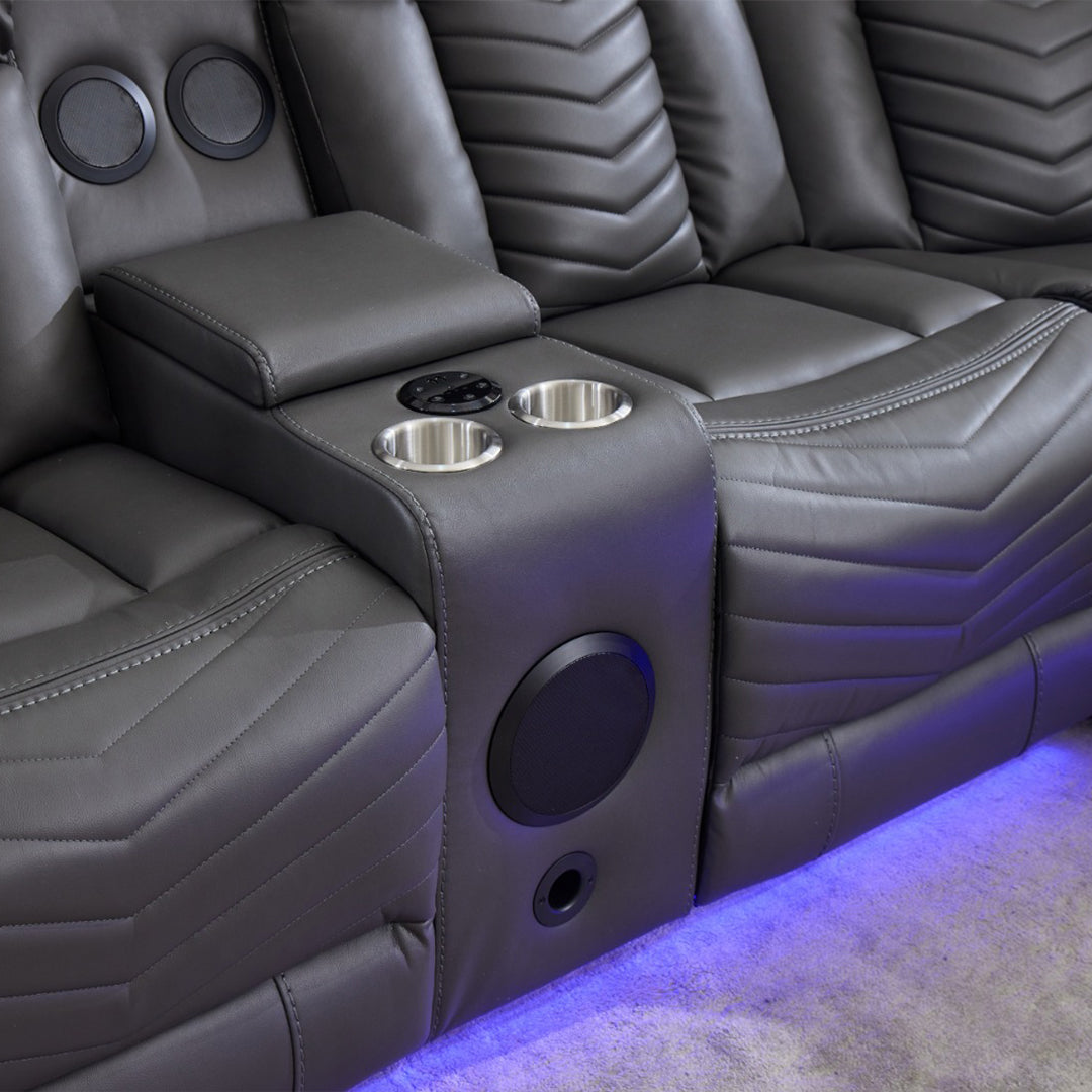 Zeus Leather Electric Recliners Corner Sofa With Cupholders (Black/Grey/Brown)- Bluetooth Speakers/LED Lights/USB Charging Ports/Storage
