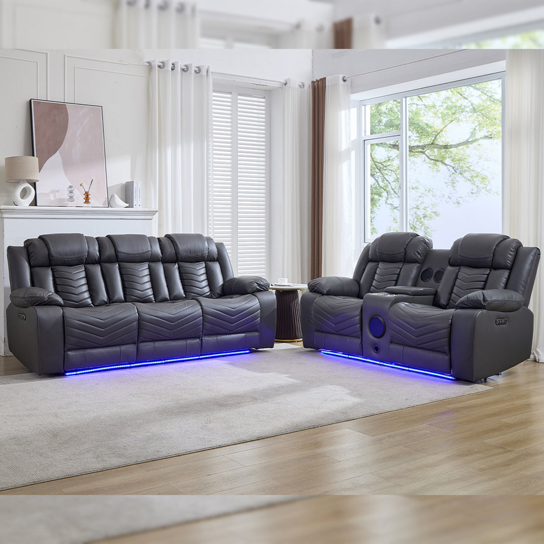 Zeus Leather Electric Recliners Sofa With Cupholders (Grey) - 3+2 Seater Sofa/Bluetooth Speakers/LED Lights/USB Charging Ports/Storage