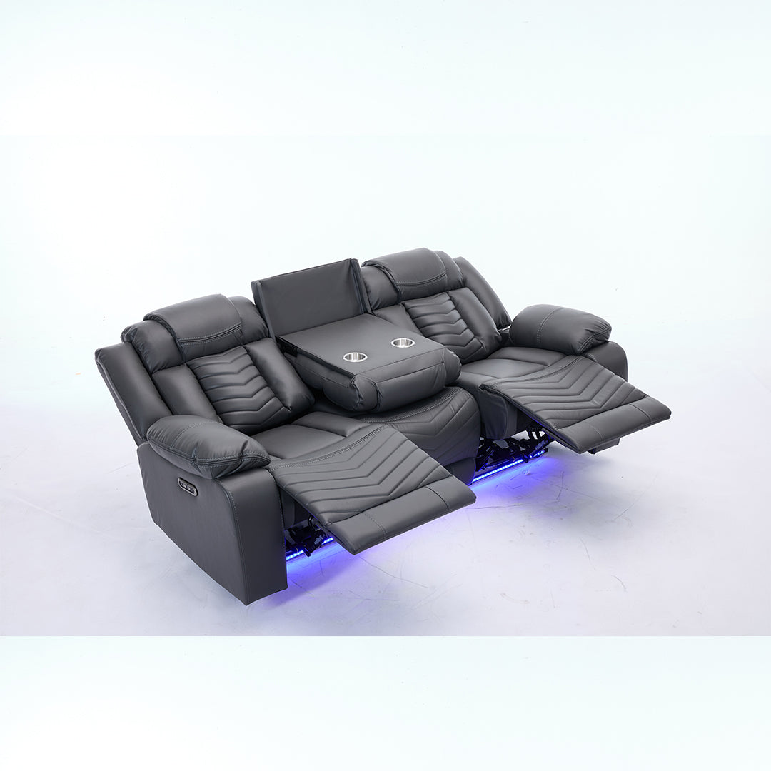 Zeus Leather Electric Recliners Sofa With Cupholders (Grey) - 3+2 Seater Sofa/Bluetooth Speakers/LED Lights/USB Charging Ports/Storage
