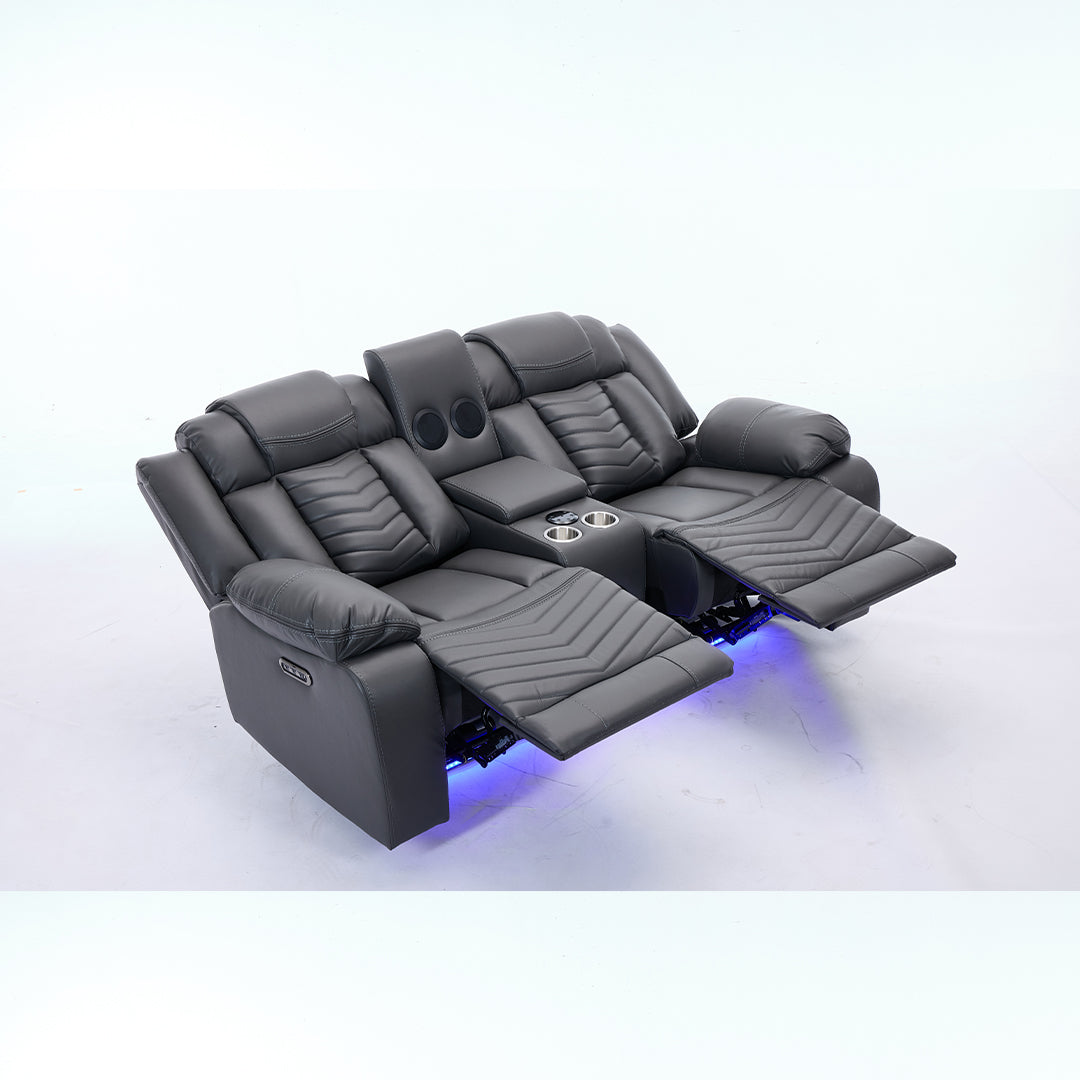 Zeus Leather Electric Recliners Sofa With Cupholders (Grey) - 3+2 Seater Sofa/Bluetooth Speakers/LED Lights/USB Charging Ports/Storage