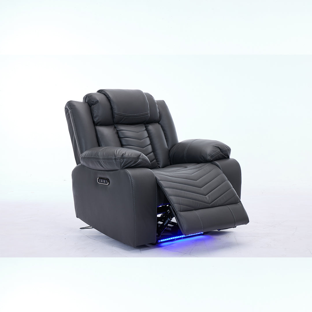 Zeus Leather Electric Recliners Sofa With Cupholders (Grey) - 3+2 Seater Sofa/Bluetooth Speakers/LED Lights/USB Charging Ports/Storage