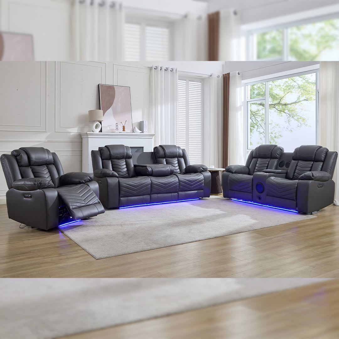 Zeus Leather Electric Recliners Sofa With Cupholders (Grey) - 3+2 Seater Sofa/Bluetooth Speakers/LED Lights/USB Charging Ports/Storage