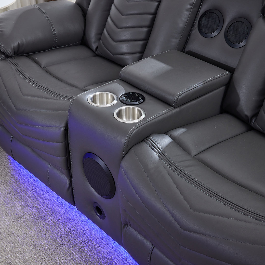 Zeus Leather Electric Recliners Sofa With Cupholders (Grey) - 3+2 Seater Sofa/Bluetooth Speakers/LED Lights/USB Charging Ports/Storage