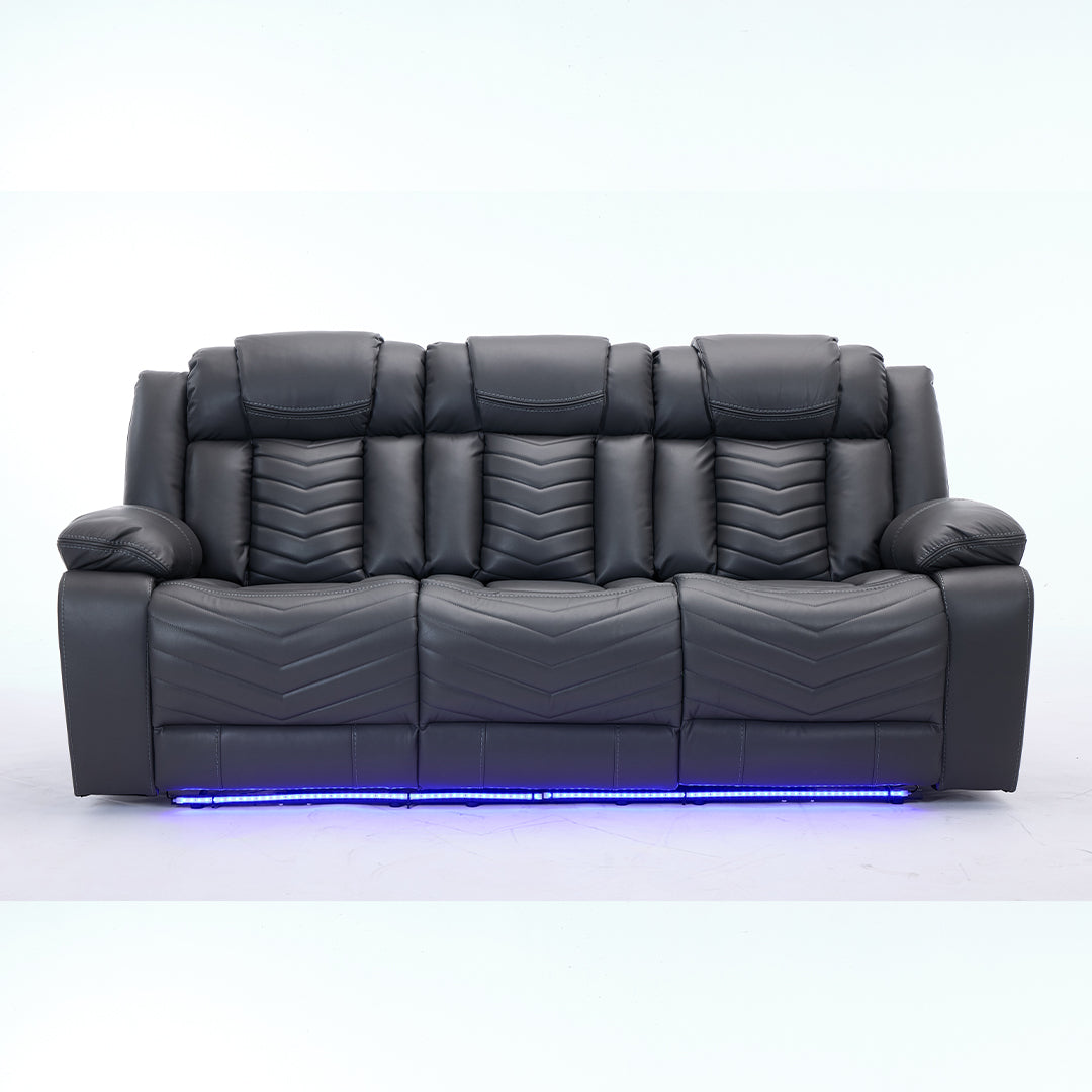 Zeus Leather Electric Recliners Sofa With Cupholders (Grey) - 3+2 Seater Sofa/Bluetooth Speakers/LED Lights/USB Charging Ports/Storage