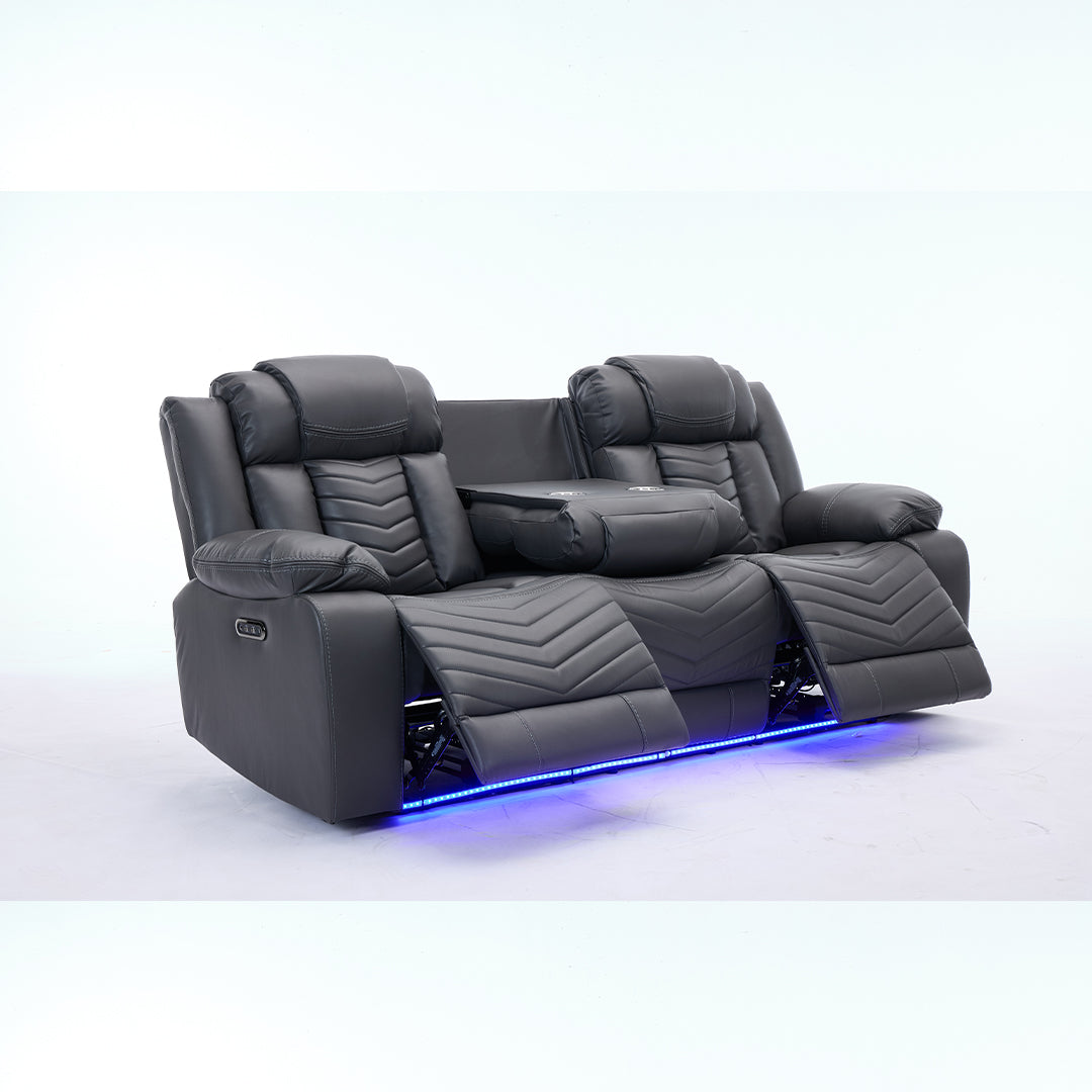 Zeus Leather Electric Recliners Sofa With Cupholders (Grey) - 3+2 Seater Sofa/Bluetooth Speakers/LED Lights/USB Charging Ports/Storage