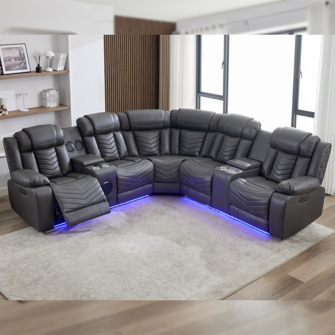 Zeus Leather Electric Recliners Corner Sofa With Cupholders - Bluetooth Speakers/LED Lights/USB Charging Ports/Storage (Grey)