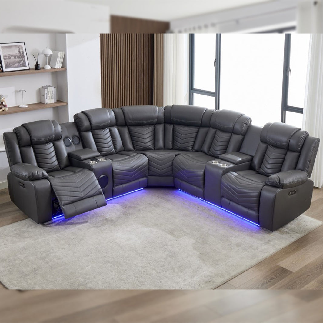 Zeus Leather Electric Recliners Corner Sofa With Cupholders - Bluetooth Speakers/LED Lights/USB Charging Ports/Storage (Grey)