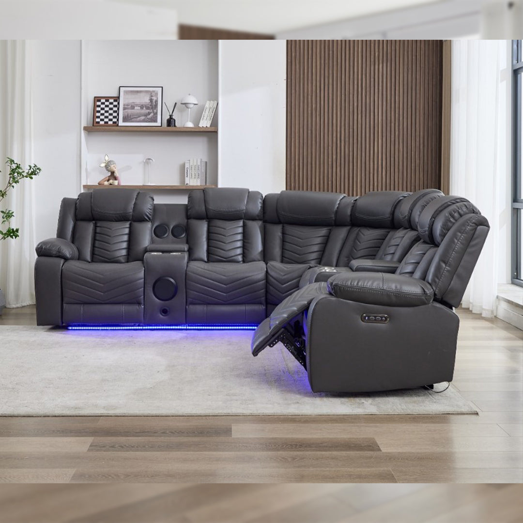 Zeus Leather Electric Recliners Corner Sofa With Cupholders - Bluetooth Speakers/LED Lights/USB Charging Ports/Storage (Grey)