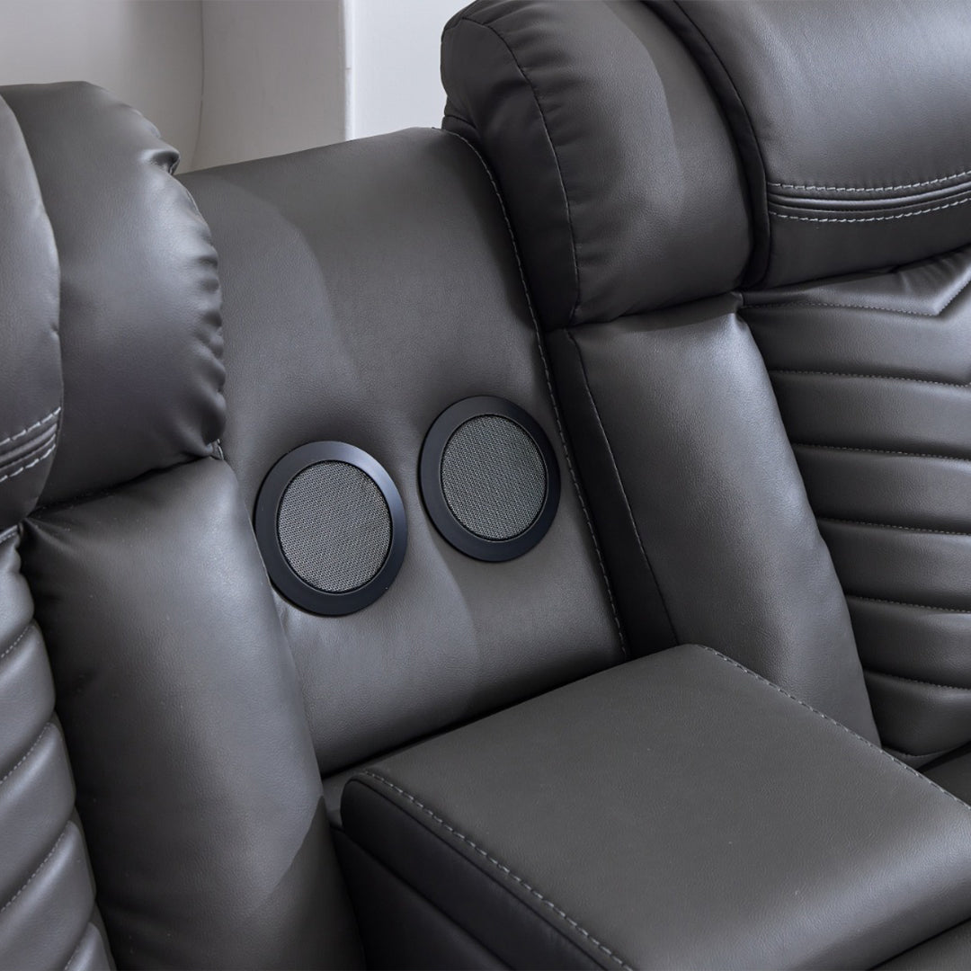 Zeus Leather Electric Recliners Corner Sofa With Cupholders - Bluetooth Speakers/LED Lights/USB Charging Ports/Storage (Grey)