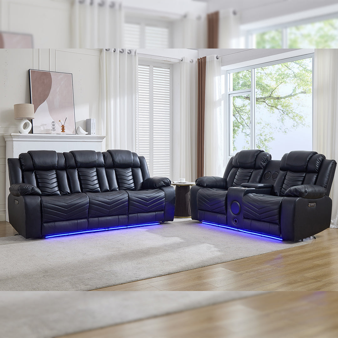 Zeus Leather Electric Recliners Sofa With Cupholders (Black/Grey/Brown) - 3+2 Seater Sofa/Bluetooth Speakers/LED Lights/USB Charging Ports/Storage