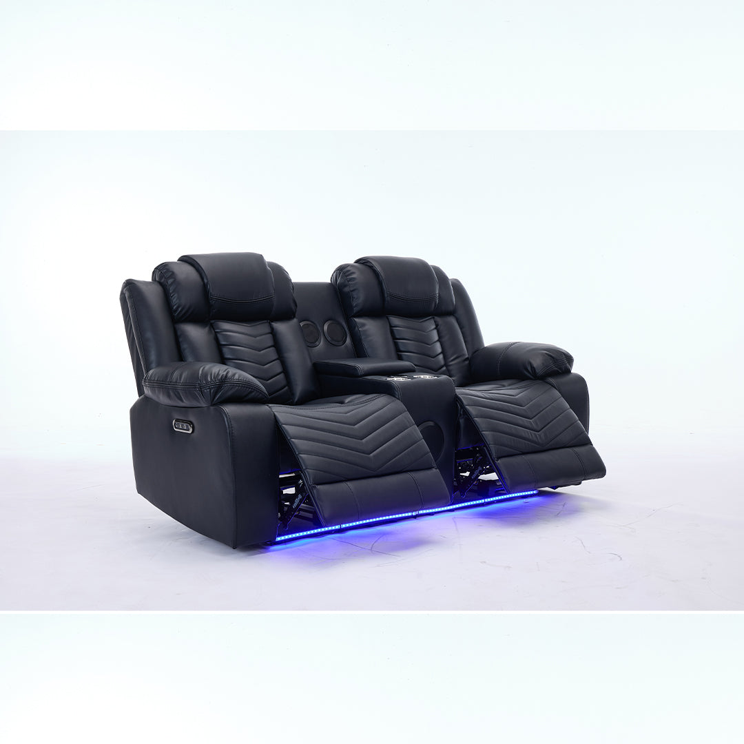 Zeus Leather Electric Recliners Sofa With Cupholders (Black/Grey/Brown) - 3+2 Seater Sofa/Bluetooth Speakers/LED Lights/USB Charging Ports/Storage