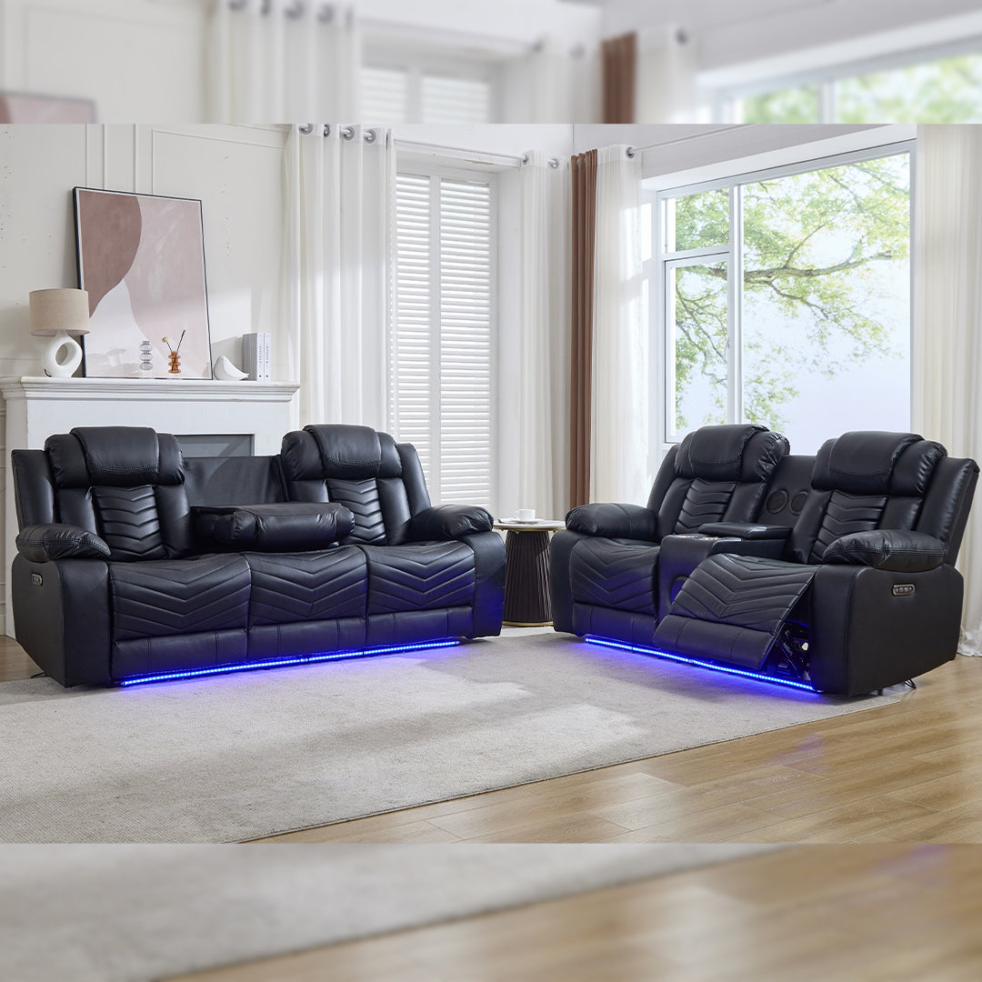 Zeus Leather Electric Recliners Sofa With Cupholders (Black/Grey/Brown) - 3+2 Seater Sofa/Bluetooth Speakers/LED Lights/USB Charging Ports/Storage