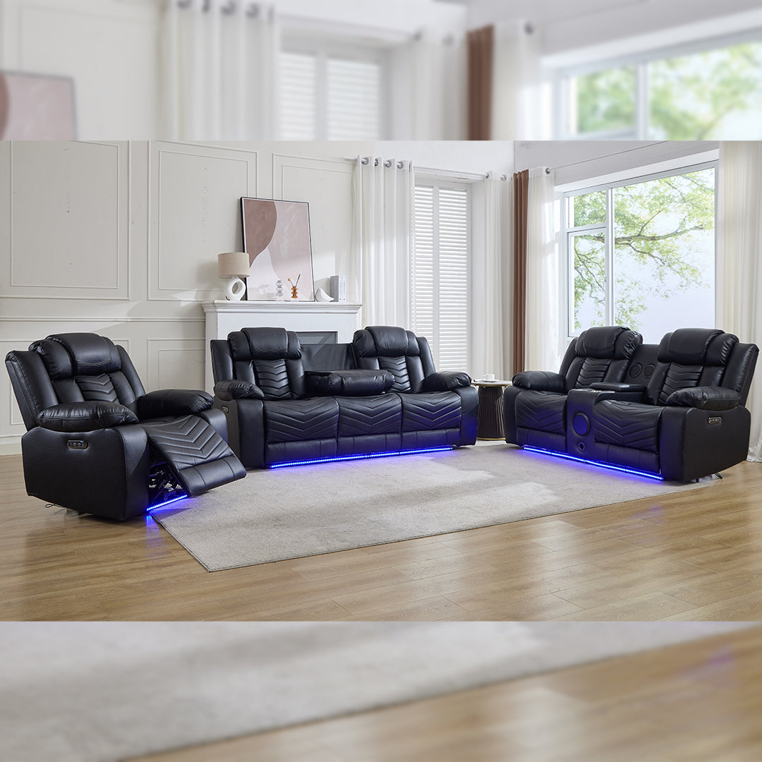 Zeus Leather Electric Recliners Sofa With Cupholders (Black/Grey/Brown) - 3+2 Seater Sofa/Bluetooth Speakers/LED Lights/USB Charging Ports/Storage