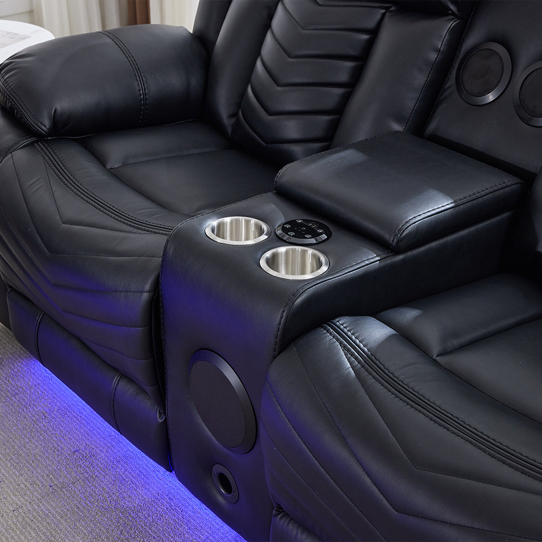 Zeus Leather Electric Recliners Sofa With Cupholders (Black/Grey/Brown) - 3+2 Seater Sofa/Bluetooth Speakers/LED Lights/USB Charging Ports/Storage