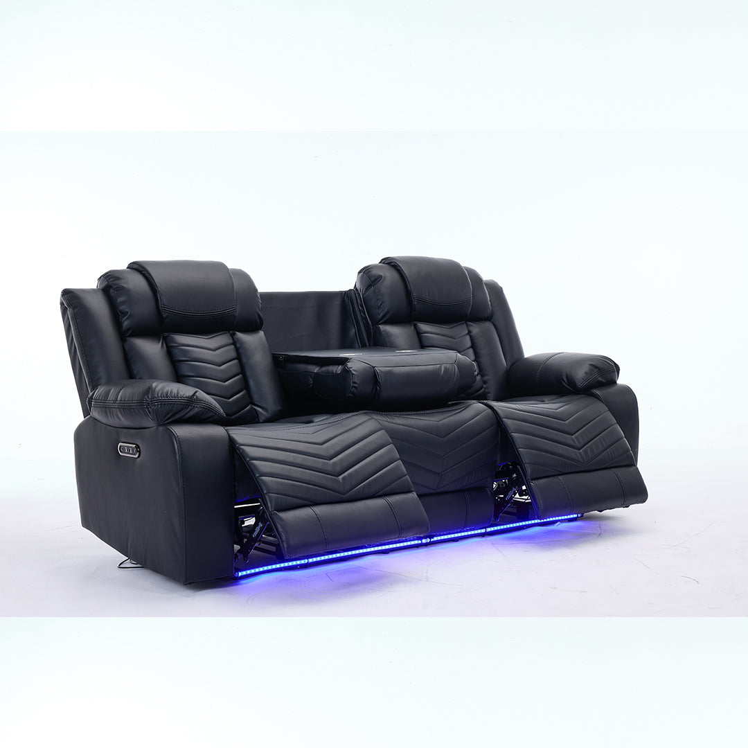 Zeus Leather Electric Recliners Sofa With Cupholders (Black/Grey/Brown) - 3+2 Seater Sofa/Bluetooth Speakers/LED Lights/USB Charging Ports/Storage