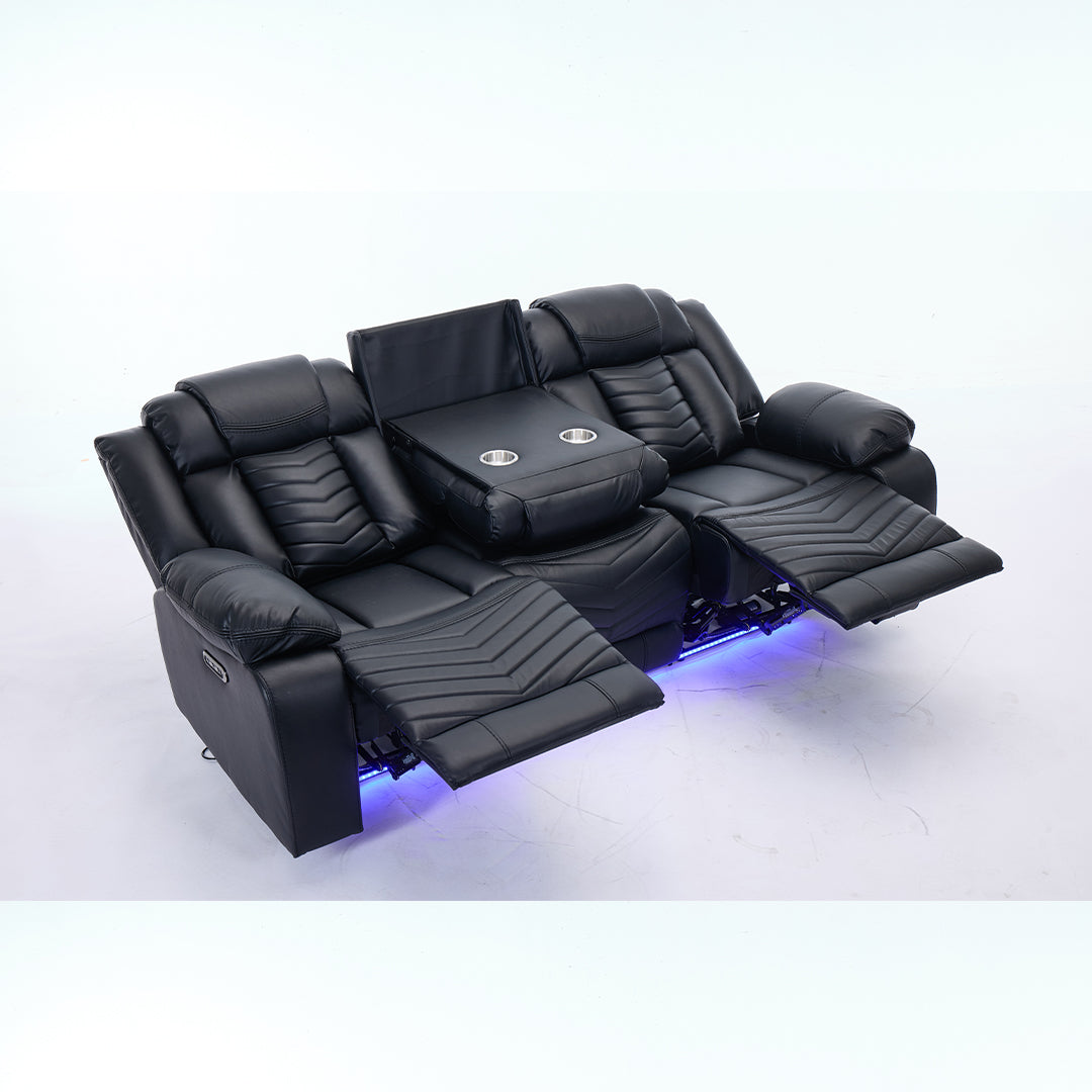 Zeus Leather Electric Recliners Sofa With Cupholders (Black/Grey/Brown) - 3+2 Seater Sofa/Bluetooth Speakers/LED Lights/USB Charging Ports/Storage