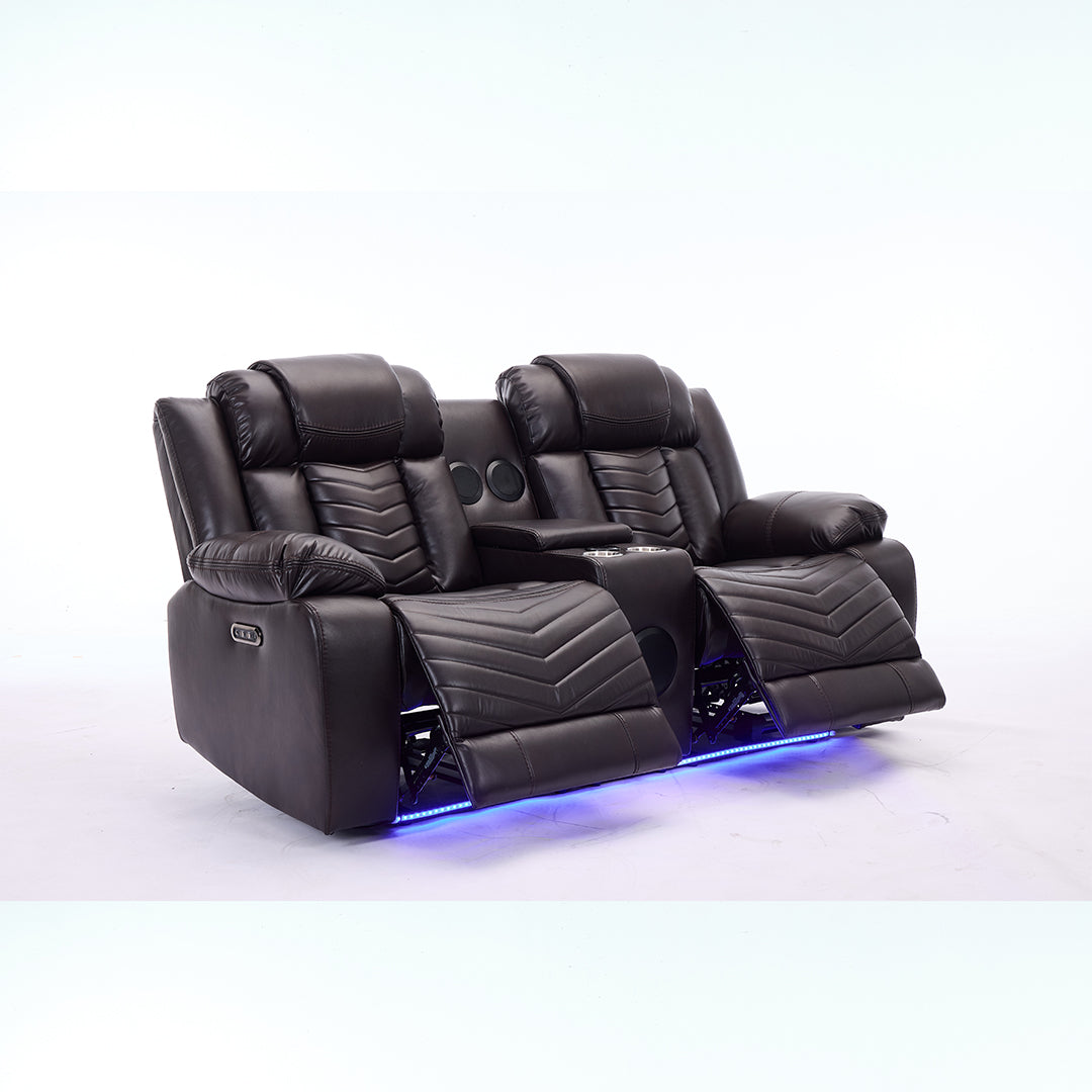 Zeus Leather Electric Recliners Sofa With Cupholders (Dark Brown) - 3+2 Seater Sofa/Bluetooth Speakers/LED Lights/USB Charging Ports/Storage