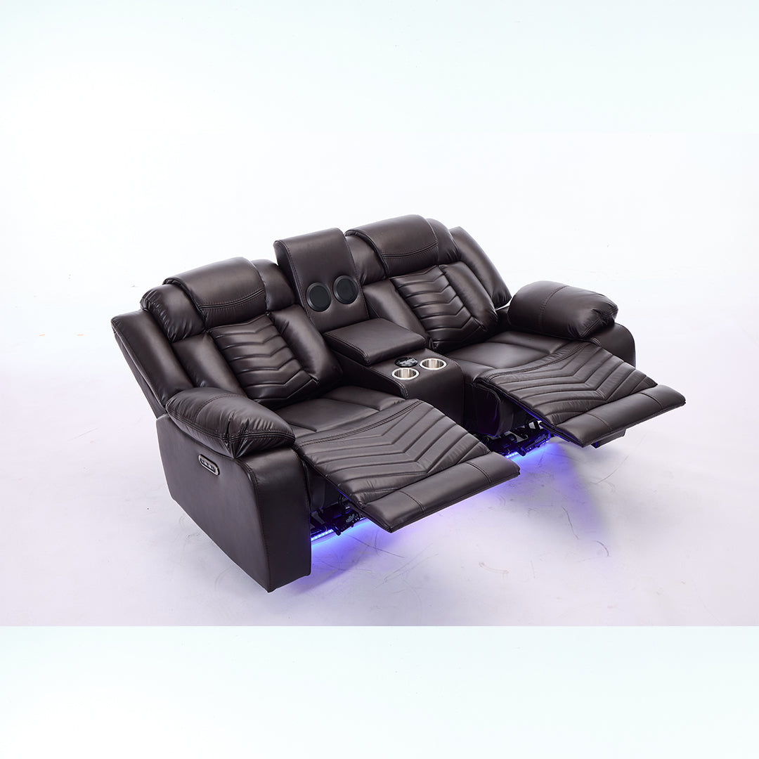 Zeus Leather Electric Recliners Sofa With Cupholders (Black/Grey/Brown) - 3+2 Seater Sofa/Bluetooth Speakers/LED Lights/USB Charging Ports/Storage