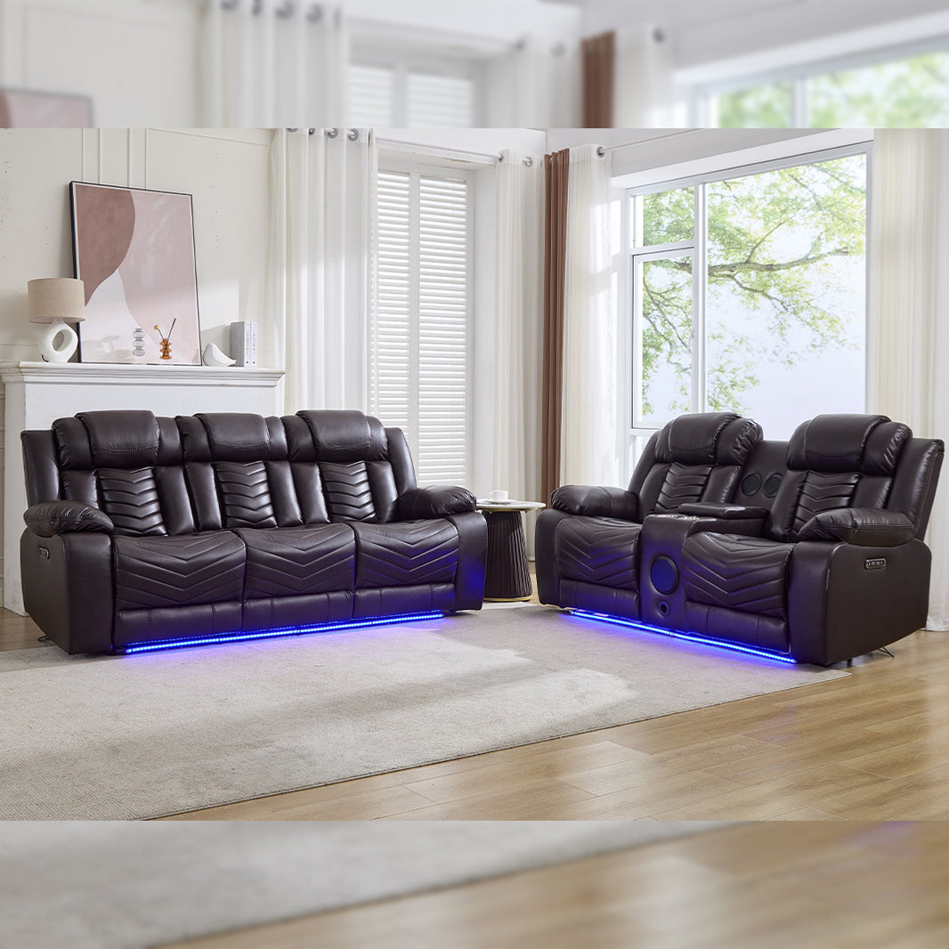 Zeus Leather Electric Recliners Sofa With Cupholders (Dark Brown) - 3+2 Seater Sofa/Bluetooth Speakers/LED Lights/USB Charging Ports/Storage