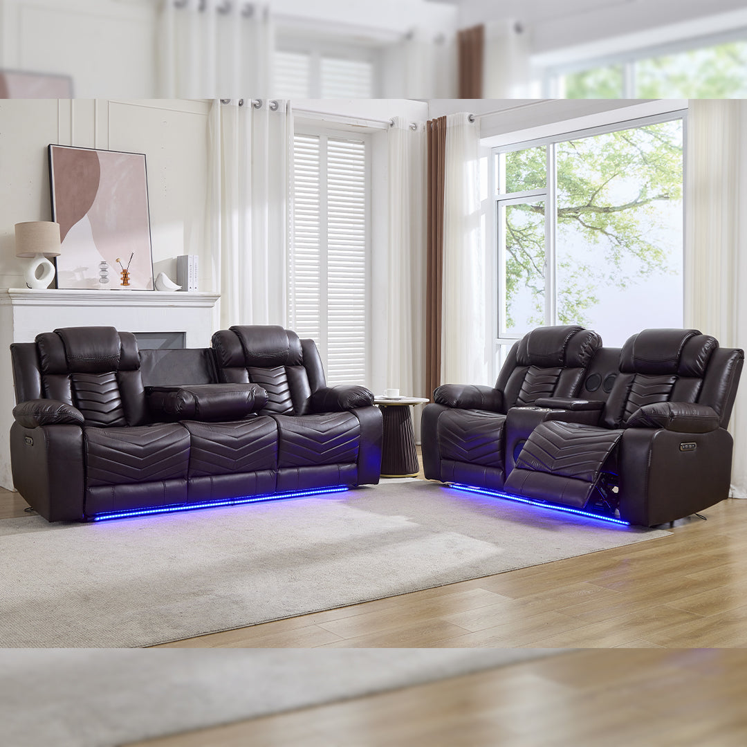 Zeus Leather Electric Recliners Sofa With Cupholders (Black/Grey/Brown) - 3+2 Seater Sofa/Bluetooth Speakers/LED Lights/USB Charging Ports/Storage